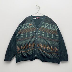 VTG Cooper Wool Blend Cardigan Green Aztec AOP Grandpa 90s Canada Made Read